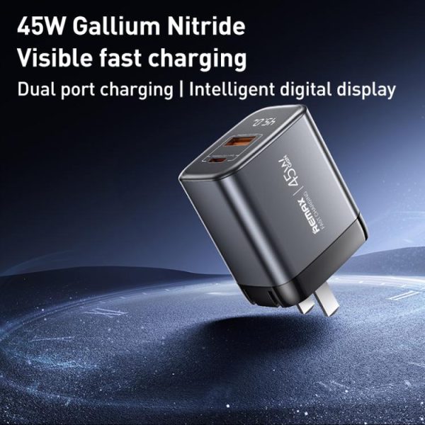 EDA0076607_B1.jpg REMAX U2-AC 45W USB and Type-C GaN Digital Display Fast Charger, EU Plug, UK ...