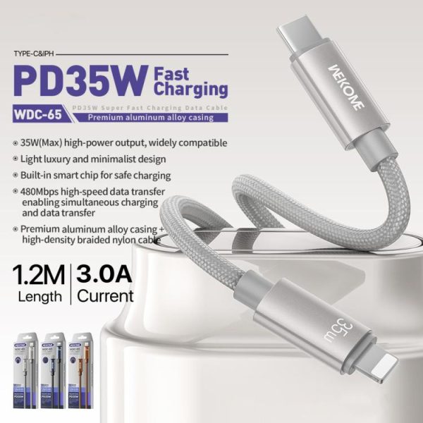 WK WDC-65 PD35W Type-C to 8 Pin Fast Charging Data Cable, Length: 1.2m, WDC-65