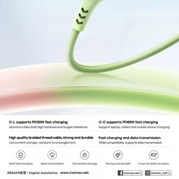 EDA0083941_B1.jpg REMAX CB16 PD30W Type-C to 8 Pin Macaron Braided Fast Charging Data Cable, Length: 1.2m, Type-C to 8 Pin