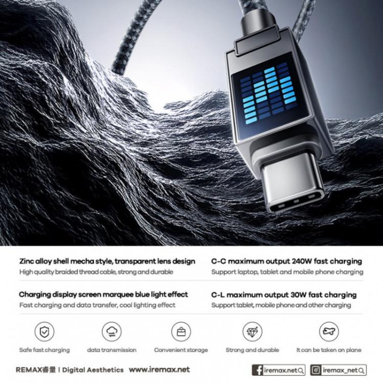 REMAX CB01 PD30W Type-C to 8 Pin Aluminum Alloy Braided Fast Charging Data Cable with LED Light, Length: 1.2m, Type-C to 8 Pin 2 REMAX CB01 PD30W Type-C to 8 Pin Aluminum Alloy Braided Fast Charging Data Cable with LED Light, Length: 1.2m, Type-C to 8 Pin - Image 2