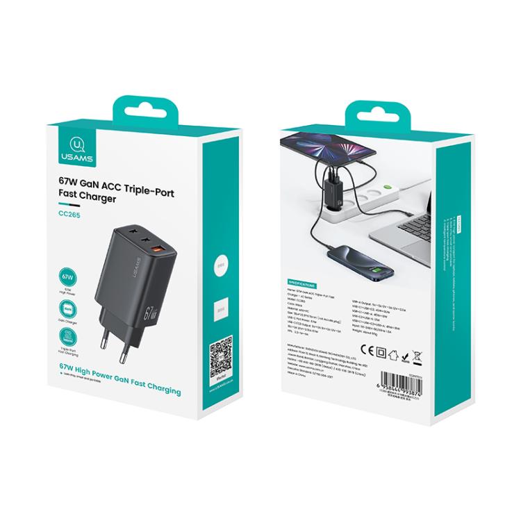 USAMS CC265 67W GaN 2 x Type-C, USB Triple-port Mini Fast Charger, CC265 11 USAMS CC265 67W GaN 2 x Type-C, USB Triple-port Mini Fast Charger, CC265 - Image 11
