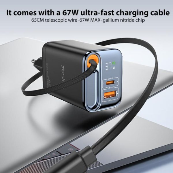 EDA008504801A_2.jpg Yesido YC100 67W Fast Charger with Telescopic Type-C Cable, YC100