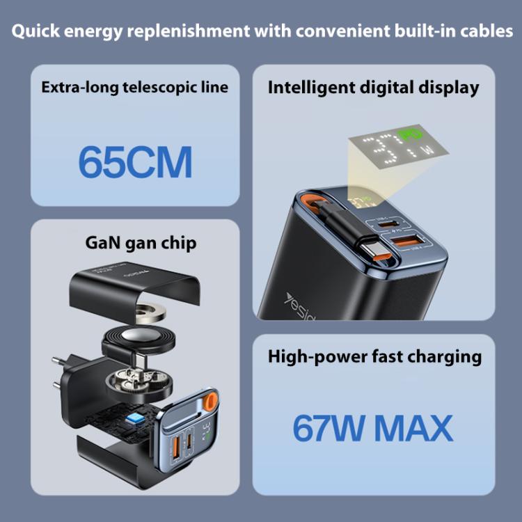 Yesido YC100 67W Fast Charger with Telescopic Type-C Cable, YC100 4 Yesido YC100 67W Fast Charger with Telescopic Type-C Cable, YC100 - Image 4