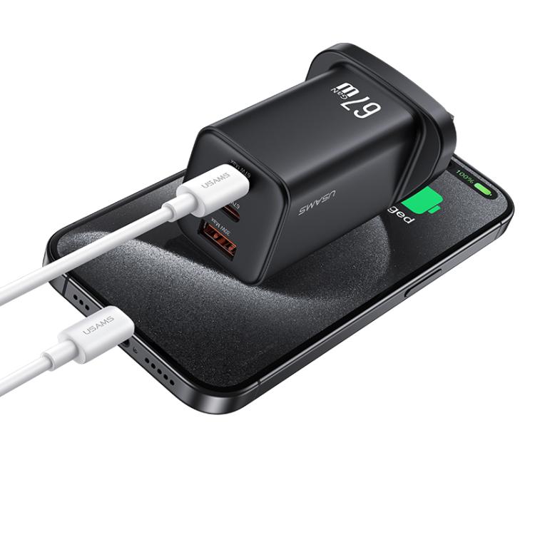 USAMS CC279 67W GaN USB and Dual Type-C Three-Port Fast Charger, UK Plug 7 USAMS CC279 67W GaN USB and Dual Type-C Three-Port Fast Charger, UK Plug - Image 7