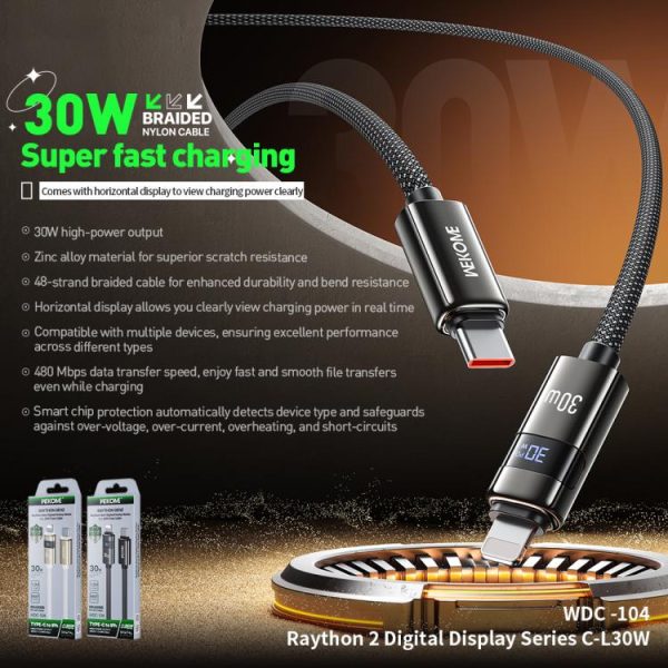 WK WDC-104 Raython 2 Digital Display 30W Type-C to 8 Pin Fast Charging Data Cable, Length: 1.2m, WDC-104