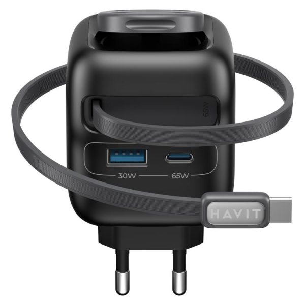 EDA008947301A_3.jpg Havit UC252 65W 3 in 1 GaN Travel Charger with Type-C Retractable Cable, UC25...
