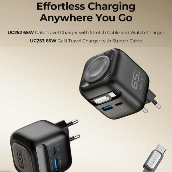 EDA0089473_B1.jpg Havit UC252 65W 3 in 1 GaN Travel Charger with Type-C Retractable Cable, UC25...