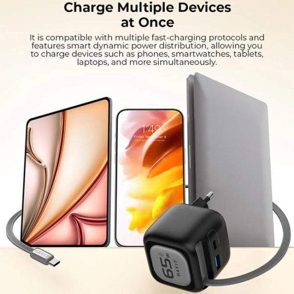 EDA0089473_B7.jpg Havit UC252 65W 3 in 1 GaN Travel Charger with Type-C Retractable Cable, UC25...