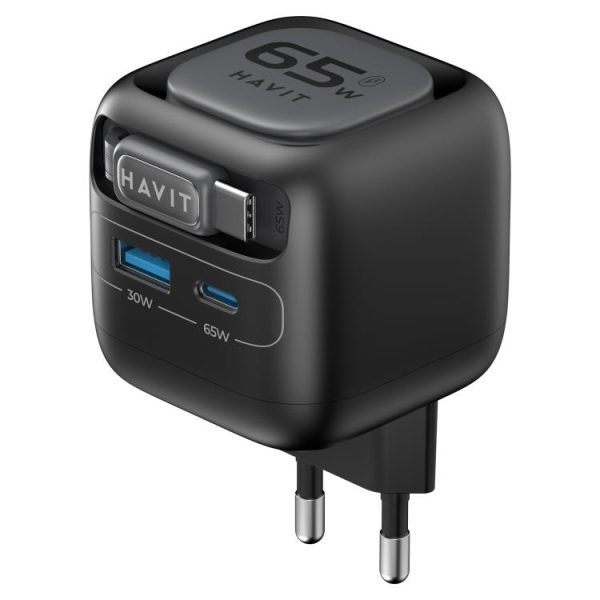 EDA008947601A-1.jpg Havit UC253 65W 3 in 1 GaN Travel Charger with Type-C Retractable Cable, UC25...