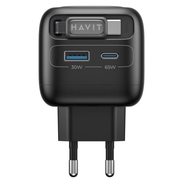 EDA008947601A_1.jpg Havit UC253 65W 3 in 1 GaN Travel Charger with Type-C Retractable Cable, UC25...