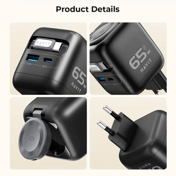 EDA008947601A_14.jpg Havit UC253 65W 3 in 1 GaN Travel Charger with Type-C Retractable Cable, UC25...