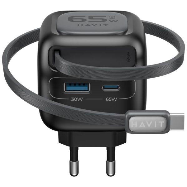 EDA008947601A_3.jpg Havit UC253 65W 3 in 1 GaN Travel Charger with Type-C Retractable Cable, UC25...