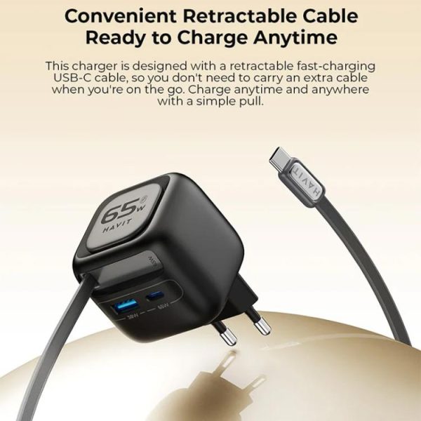 EDA008947601A_6.jpg Havit UC253 65W 3 in 1 GaN Travel Charger with Type-C Retractable Cable, UC25...