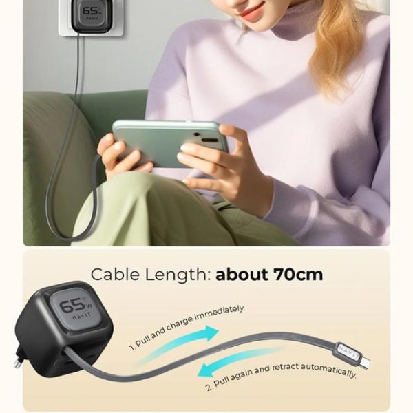 EDA008947601A_7.jpg Havit UC253 65W 3 in 1 GaN Travel Charger with Type-C Retractable Cable, UC25...