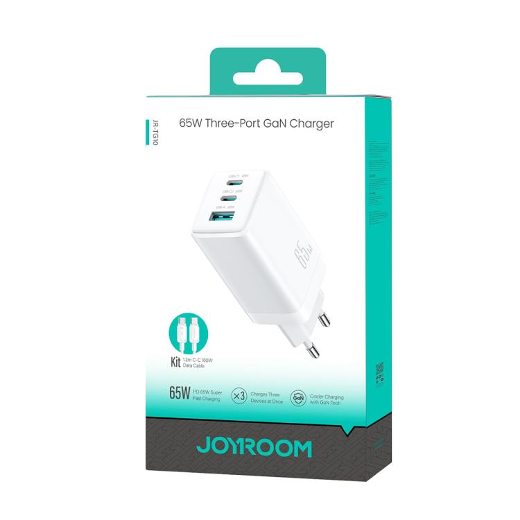 JOYROOM JR-TG10 65W GaN Dual Type-C, USB 3-Port Charger with Type-C to Type-C Cable, EU Plug 5 JOYROOM JR-TG10 65W GaN Dual Type-C, USB 3-Port Charger with Type-C to Type-C Cable, EU Plug - Image 5