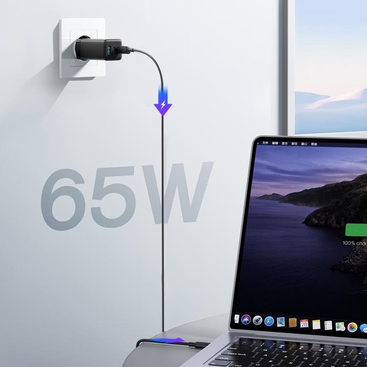 JOYROOM JR-TG10 65W GaN Dual Type-C, USB 3-Port Charger with Type-C to Type-C Cable, EU Plug 9 JOYROOM JR-TG10 65W GaN Dual Type-C, USB 3-Port Charger with Type-C to Type-C Cable, EU Plug - Image 9