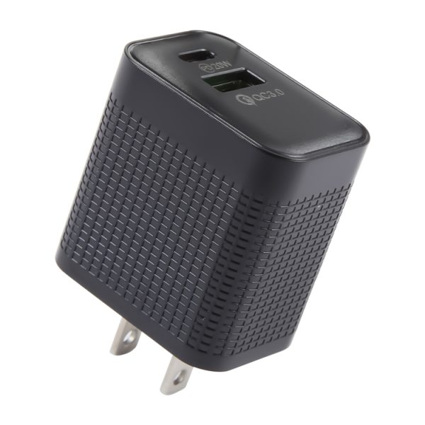 EPS0086B-1.jpg PD 20W USB-C/Type-C+QC 3.0 USB Ports Plaid Pattern Travel Charger, US Plug, US Plug (Black)