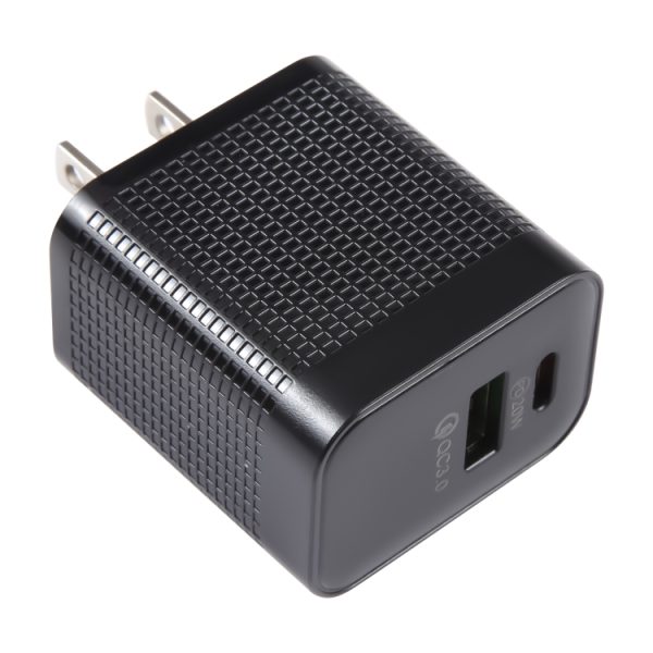 EPS0086B_1.jpg PD 20W USB-C/Type-C+QC 3.0 USB Ports Plaid Pattern Travel Charger, US Plug, US Plug (Black)