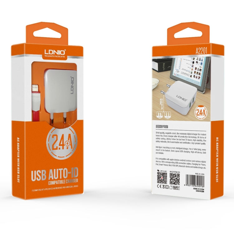 LDNIO A2201 2.4A Dual USB Charging Head Travel Direct Charge Mobile Phone Adapter Charger With Type-C Data Cable, Type-C 4 LDNIO A2201 2.4A Dual USB Charging Head Travel Direct Charge Mobile Phone Adapter Charger With Type-C Data Cable, Type-C - Image 4