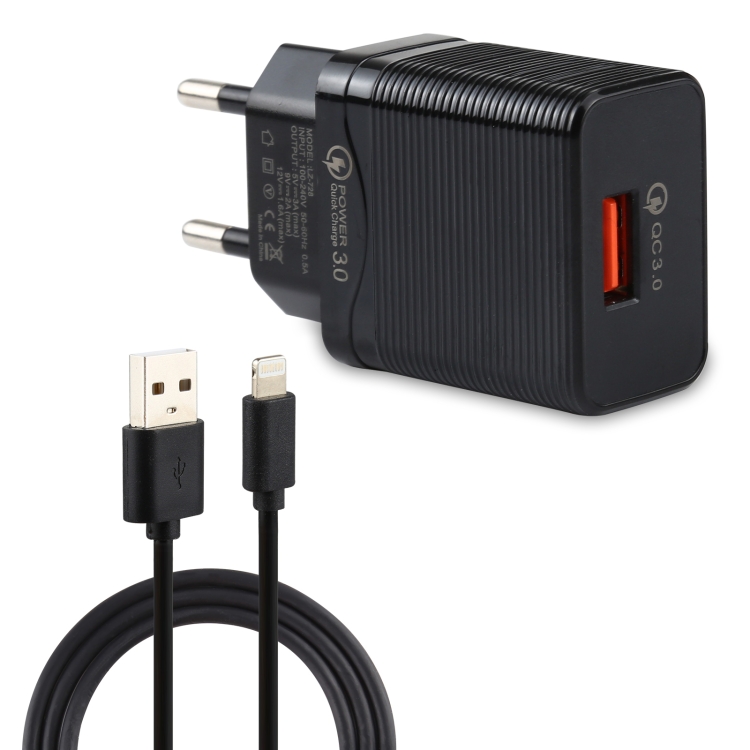 LZ-728 2 in 1 18W QC 3.0 USB Interface Travel Charger + USB to 8 Pin Data Cable Set, EU Plug, Cable Length: 1m, with 8 Pin Cable 1 LZ-728 2 in 1 18W QC 3.0 USB Interface Travel Charger + USB to 8 Pin Data Cable Set, EU Plug, Cable Length: 1m, with 8 Pin Cable