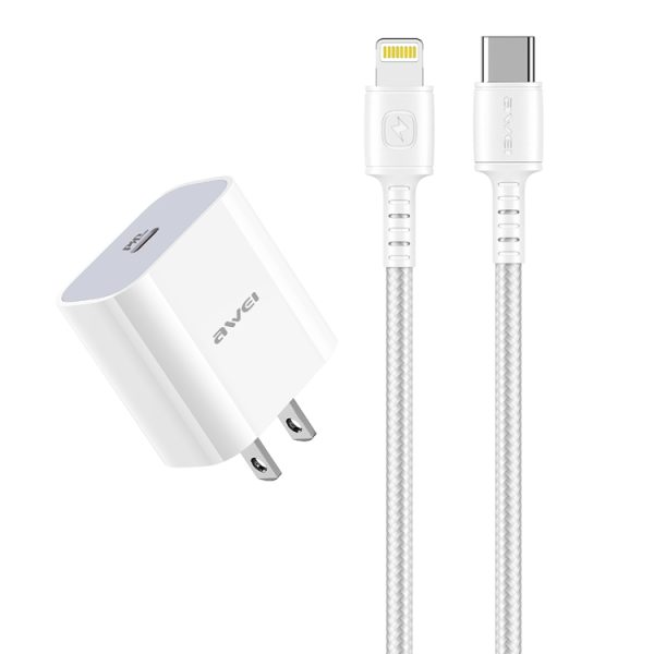 IP8G0905W-1.jpg awei PD5 PD 20W Fast Charging Travel Charger Power Adapter with Type-C / USB-C to 8 Pin Cable, US Plug