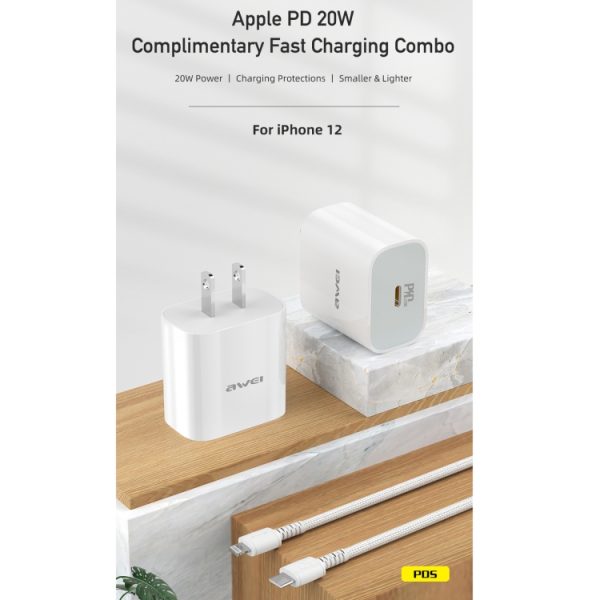 IP8G0905W_1.jpg awei PD5 PD 20W Fast Charging Travel Charger Power Adapter with Type-C / USB-C to 8 Pin Cable, US Plug