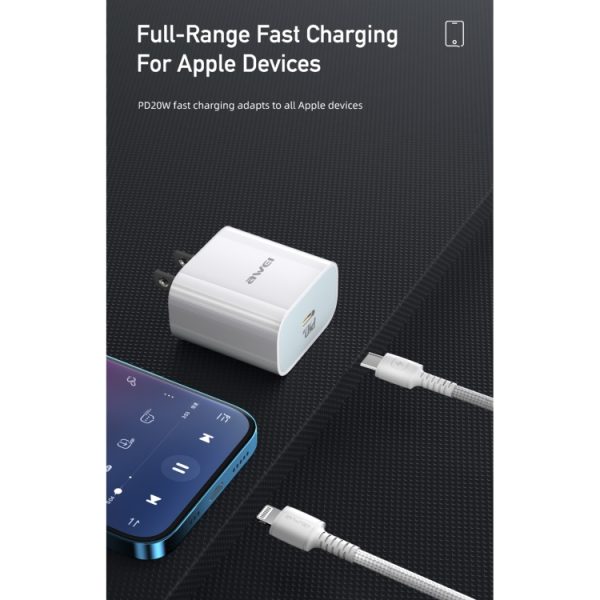IP8G0905W_5.jpg awei PD5 PD 20W Fast Charging Travel Charger Power Adapter with Type-C / USB-C to 8 Pin Cable, US Plug