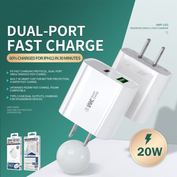 IP8G7355_B1.jpg WK WP-U53 QC3.0 Charger 20W USB Type-C Maxspeed PD Fast Charger