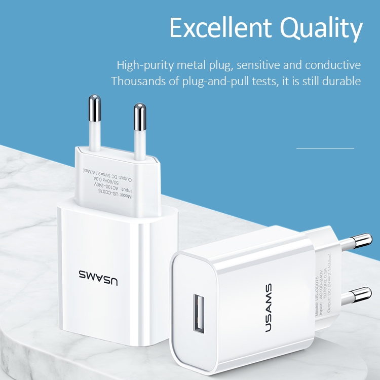USAMS US-CC075 T18 2.1A Single USB Travel Charger, EU Plug, EU Plug 7 USAMS US-CC075 T18 2.1A Single USB Travel Charger, EU Plug, EU Plug - Image 7