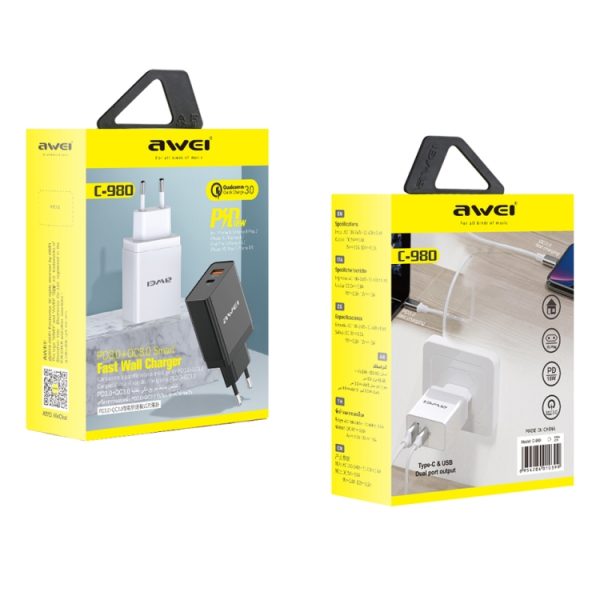 IPXS7611B_4.jpg awei C-980 18W PD USB-C / Type-C + QC 3.0 USB Interface Fast Charging Travel Charger, EU Plug