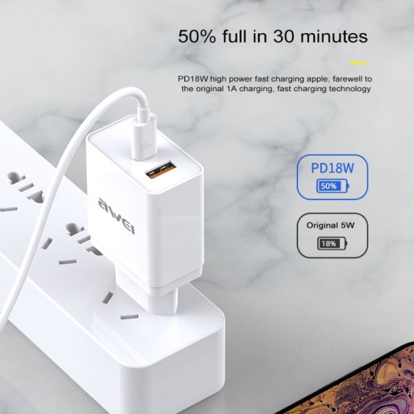 IPXS7611B_6.jpg awei C-980 18W PD USB-C / Type-C + QC 3.0 USB Interface Fast Charging Travel Charger, EU Plug