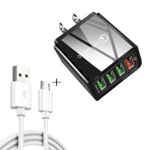 2 in 1 1m USB to Micro USB Data Cable + 30W QC 3.0 4 USB Interfaces Mobile Phone Tablet PC Universal Quick Charger Travel Charger Set, US Plug, Micro USB Set US Plug