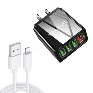 2 in 1 1m USB to 8 Pin Data Cable + 30W QC 3.0 4 USB Interfaces Mobile Phone Tablet PC Universal Quick Charger Travel Charger Set, US Plug, 8 Pin Set US Plug