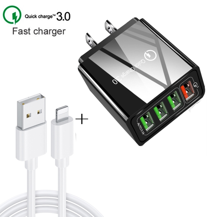 2 in 1 1m USB to 8 Pin Data Cable + 30W QC 3.0 4 USB Interfaces Mobile Phone Tablet PC Universal Quick Charger Travel Charger Set, US Plug, 8 Pin Set US Plug 2 2 in 1 1m USB to 8 Pin Data Cable + 30W QC 3.0 4 USB Interfaces Mobile Phone Tablet PC Universal Quick Charger Travel Charger Set, US Plug, 8 Pin Set US Plug - Image 2
