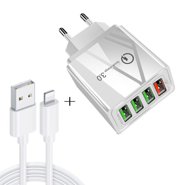SYA001084901A-1.jpg 2 in 1 1m USB to 8 Pin Data Cable + 30W QC 3.0 4 USB Interfaces Mobile Phone Tablet PC Universal Quick Charger Travel Charger Set, EU Plug, 8 Pin Set EU Plug