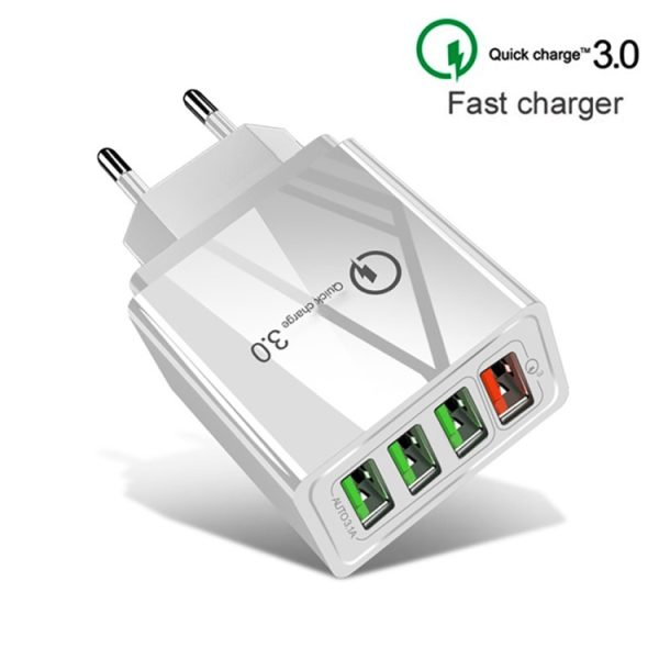 SYA001084901A_2.jpg 2 in 1 1m USB to 8 Pin Data Cable + 30W QC 3.0 4 USB Interfaces Mobile Phone Tablet PC Universal Quick Charger Travel Charger Set, EU Plug, 8 Pin Set EU Plug