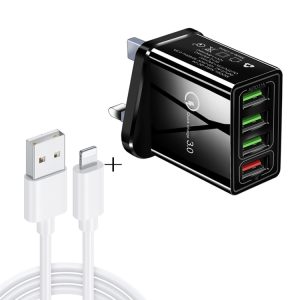 2 in 1 1m USB to 8 Pin Data Cable + 30W QC 3.0 4 USB Interfaces Mobile Phone Tablet PC Universal Quick Charger Travel Charger Set, UK Plug, 8 Pin Set UK Plug