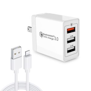 SDC-30W 2 in 1 USB to 8 Pin Data Cable + 30W QC 3.0 USB + 2.4A Dual USB 2.0 Ports Mobile Phone Tablet PC Universal Quick Charger Travel Charger Set, US Plug
