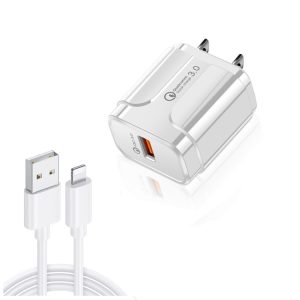 LZ-023 18W QC 3.0 USB Portable Travel Charger + 3A USB to 8 Pin Data Cable, US Plug, USB to 8 Pin Data Cable, US Plug, 8 Pin Data Cable, US Plug
