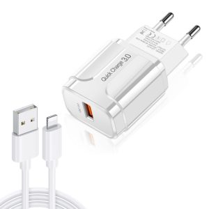 LZ-023 18W QC 3.0 USB Portable Travel Charger + 3A USB to 8 Pin Data Cable, EU Plug, 8 Pin Data Cable, EU Plug