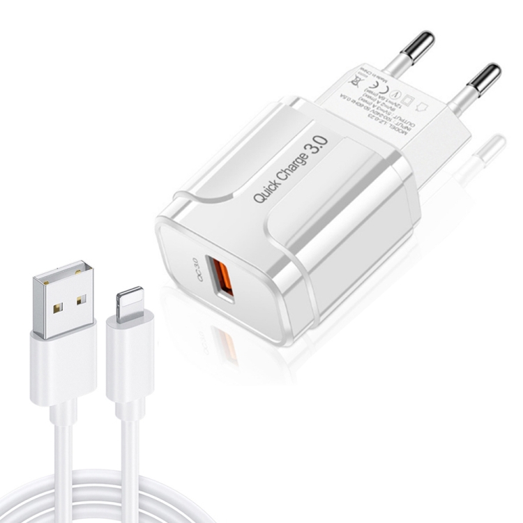LZ-023 18W QC 3.0 USB Portable Travel Charger + 3A USB to 8 Pin Data Cable, EU Plug, 8 Pin Data Cable, EU Plug 1 LZ-023 18W QC 3.0 USB Portable Travel Charger + 3A USB to 8 Pin Data Cable, EU Plug, 8 Pin Data Cable, EU Plug