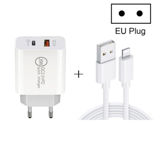 SYA001473201-1.jpg 20W PD Type-C + QC 3.0 USB Interface Fast Charging Travel Charger with USB to 8 Pin Fast Charge Data Cable, EU Plug, US Plug, AU Plug