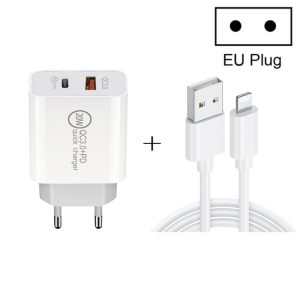 20W PD Type-C + QC 3.0 USB Interface Fast Charging Travel Charger with USB to 8 Pin Fast Charge Data Cable, EU Plug, US Plug, AU Plug