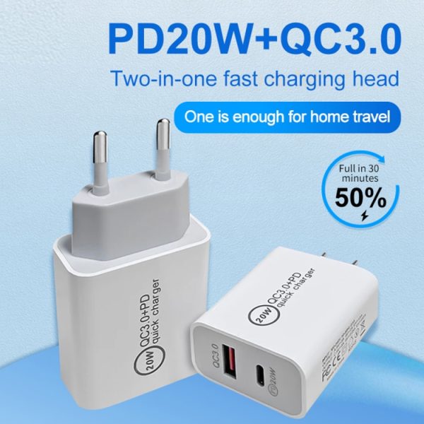 SYA001473201_2.jpg 20W PD Type-C + QC 3.0 USB Interface Fast Charging Travel Charger with USB to 8 Pin Fast Charge Data Cable, EU Plug, US Plug, AU Plug