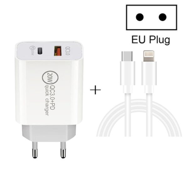 SYA001473401-1.jpg 20W PD Type-C + QC 3.0 USB Interface Fast Charging Travel Charger with USB-C / Type-C to 8 Pin Fast Charge Data Cable, EU Plug, US Plug, AU Plug