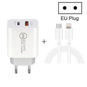 20W PD Type-C + QC 3.0 USB Interface Fast Charging Travel Charger with USB-C / Type-C to 8 Pin Fast Charge Data Cable, EU Plug, US Plug, AU Plug