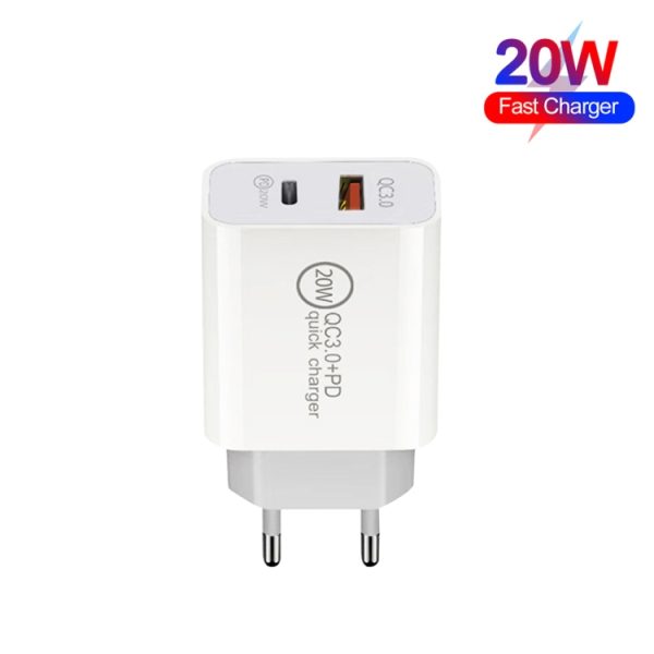 SYA001473401_1.jpg 20W PD Type-C + QC 3.0 USB Interface Fast Charging Travel Charger with USB-C / Type-C to 8 Pin Fast Charge Data Cable, EU Plug, US Plug, AU Plug