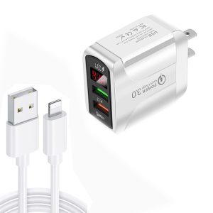 F002C QC3.0 USB + USB 2.0 LED Digital Display Fast Charger with USB to 8 Pin Data Cable, US Plug, US Plug + 8 Pin Cable