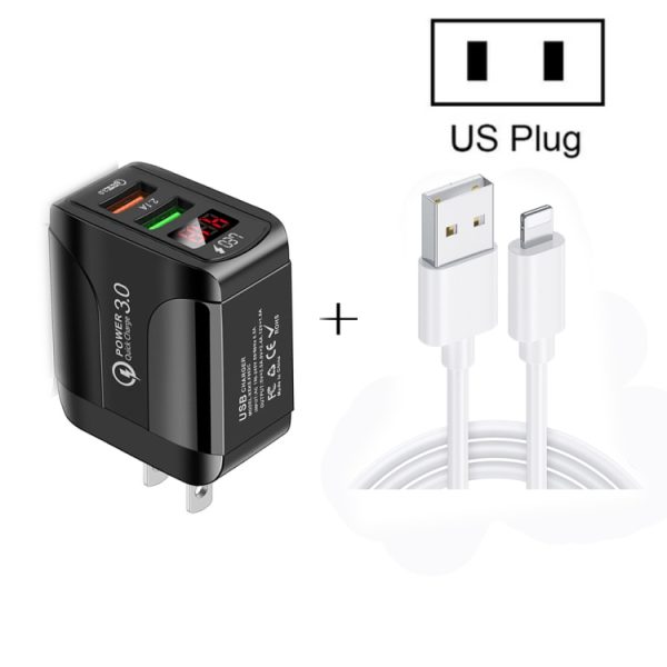 SYA001594601_B1.jpg F002C QC3.0 USB + USB 2.0 LED Digital Display Fast Charger with USB to 8 Pin Data Cable, US Plug, US Plug + 8 Pin Cable