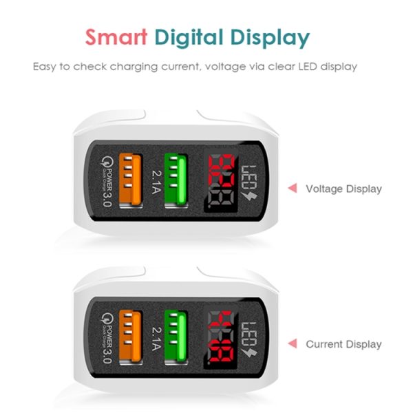 SYA001594601_B2.jpg F002C QC3.0 USB + USB 2.0 LED Digital Display Fast Charger with USB to 8 Pin Data Cable, US Plug, US Plug + 8 Pin Cable
